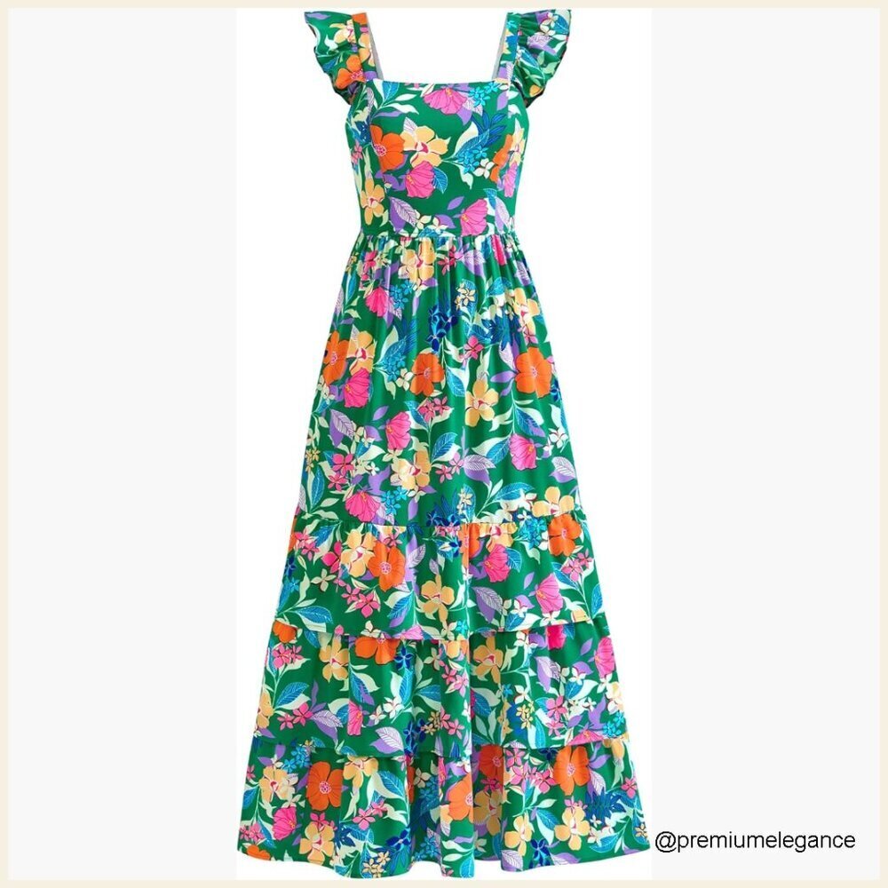 Floral Maxi Dress with Pockets, Ruffle Smocked Tiered A-Line Boho Beach